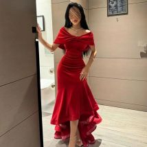 Eightale Velvet Evening Dress Saudi Arabic Scoop Cap Sleeves Customized Formal Red Mermaid Wedding Prom Party Gown