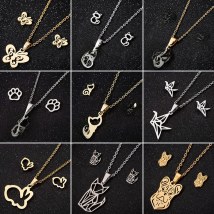Bijoux Animal Stainless Steel Necklace Set Cartoon Cat Paw Rabbit Butterfly Dog Necklaces Pendants Statement Jewelry Wholesale