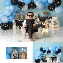 Boss Baby Geldsack-Fotografie-Hintergrund, Ballonbogen, Kinder-Kuchenzertrümmerungs-Foto-Dekorationen, Jungen- und Erwachsenen-Geburtstags-Hintergründe