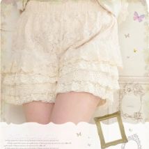 Summer Women Mori Girl Sweet Embroidery Shorts Beige Lace Elastic Waist Flower Hollow Out Female Kawaii Bottoming Shorts A292