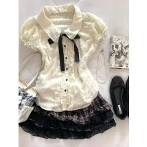 Japanese Sweet Y2K Kawaii 2 Piece Set Women Bow Lovely Tops + Plaid Lace Skirt New Fashion Vintage Slim Chic Outfits Summer 2025
