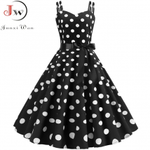Women Summer Polka Dot Print Party Robe Femme Black Retro Vintage Swing Prom Rockabilly Midi Dresses vestidos