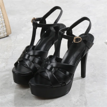 2025 Summer Sexy Soft Leather Platform Sandals Women High Heels T-Buckle Party Pumps Black Stiletto Open Toe Ladies Dress Shoes