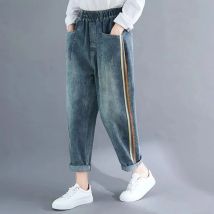 Light Blue Baggy Harem Jeans Mom Elegant Casual Elastic Waist 86-90cm Capris Denim Pants Korean Fashion Chic Cowboy Pantalones