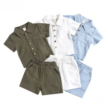 Blotona 2Pcs Little Boys Outfit, Toddlers Summer Solid Color Lapel Short Sleeve Single-breasted Shirt Tops +Elastic Waist Shorts