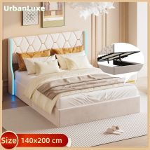 UrbanLuxe Letto imbottito 140x200 cm, letto imbottito con luci a LED, letto matrimoniale con contenitore e rete a doghe, Velluto Beige