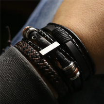 3 Pcs/Set Leather Bracelets Men Bangles For Women Wood Beads Feather TRUST IN GOD Cross Charm Homme Gift Jewelry Freely Shipping