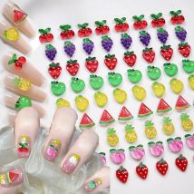 50pcs Resin 3D Summer Fruit Strawberry Nail Charms Cherry Lemon Peach Watermelon Kawaii Nail Rhinestones for DIY Nail Art Decor