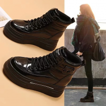 Black Winter 2025 Shoes for Women Leather Boot Snow Boots Woman Chunky Flat Platform Footwear Booties Shoe Warm Low Short Barrel