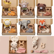 Bopoobo 3PCS/5PCS Crochet Bunny Baby Teether Rattle Animal Beech Wood Teether Pacifier Chain Crochet Rattle For Newborn Baby