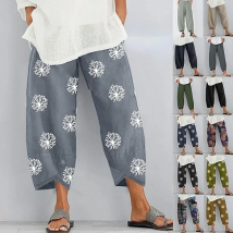 Women Harem Pants Vintage Cotton Linen Elastic Waist Wide Leg Trousers Female Casual Solid Pockets Loose Cropped Pants