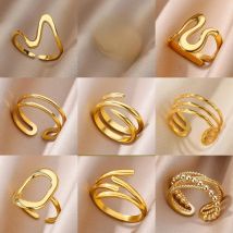316L Stainless Steel Rings for Women Gold Color Multilayer Geometric Open Ring Vintage Waterproof Wedding Aesthetic Jewelry Gift