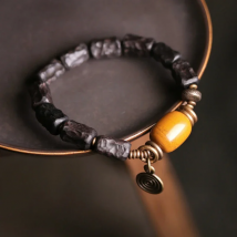 Hand Carved Strip Ebony Vintage Copper Bracelet Concave Convex Texture Black Wood Jewelry Men Women Ward Off Evil Bangle