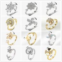 Anti Anxiety Relaxing Rotating Rring Women'S Accessories Trend 2025 Copper Inlaid Rhinestone Star And Moon Fidget Metal Spinner