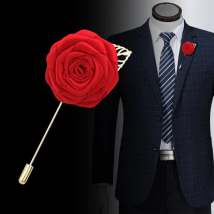 Men's Fashion Rose Flower Brooch Pin with Golden Leaf High-Grade Ribbon for Wedding Suit Lapel Boutonniere Jewelry Accesso