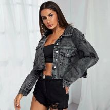 Donsignet Women's Jeans Jacket Spring Autumn New Fashion Burr Hole Denim Coats Button Pockets Long Sleeve Black Casual Tops