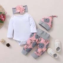 0-18 Months Newborn Baby Girl Clothing Long Sleeve Romper Rose Pant with Hat & Headband Spring 4PCS Outfit Toddler Girl Clothes