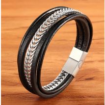 XQNI Multi-layer Stainless Steel Combination Black Leather for Men Bracelet Black Color Selection Xmas Surprise Gift
