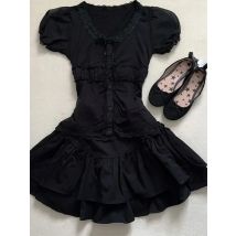 Y2k Gothic Vintage Black Lace 2 Piece Set Women Hepburn Chic Slim Lace Puff Sleeve Tops Female + High-waist Ruffle Short Skirt