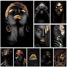 Black Skin Woman Golden Makeup Poster Self-adhesive Art Waterproof Paper Sticker Coffee House Bar Room Wall Decor