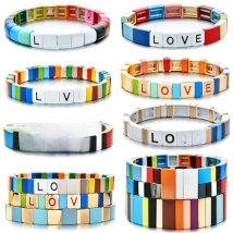 28 Styles Bohemian Handmade Rainbow Elastic Stretch Stack Letter Love Tile Metal Alloy Bead Enamel Painted Bracelet Valentine's