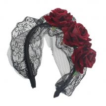 Day Of The Dead Red Rose Flowers Headdress Vintage Lady Halloween Headband Gothic Floral Lace Hair Band Cosplay Hair Accessory