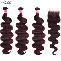 Nadula Hair Purple Black Cherry Brazilian Body Wave Bundles With Free Part Closure 4x4 Lace Closure Brazilian Hair Weave
