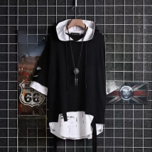 super Fire Ribbon Hooded Hip Hop Short Sleeve Hip Hop Fashion T-shirt Men's Fake Two-piece Street Bf Loose Five Sleeve T-shirt