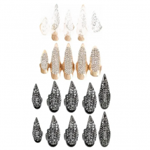10 PCS Halloween Costume Claws Fake Nails Ring Set, Gothic Punk 3 Sizes Crystal Full Finger Rings Paved Paw Bend Fingertip Fing