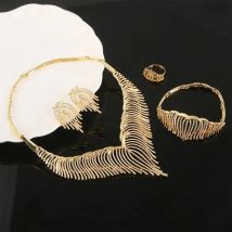 24K Gold Color Ethiopian White Stone Angel Wing Animal Feather Trendy Women Jewelry Set