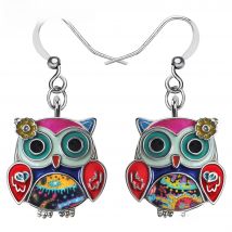 BONSNY Enamel Alloy Metal Floral Chubby Owl Earrings Gifts for Women Girls Teens Charms Birds Fashion Jewelry Eardrop Dangle