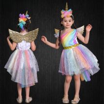 Child Halloween Girls Pony Ball Gown Infant Rainbow Voile Unicorn Dress Kids Horse Clothes Girl Angel Unicorn Wing + Headband
