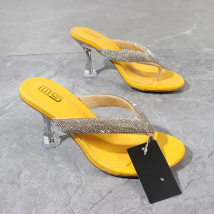 Women's Modern Slippers Summer New Patent Leather Crystal Clip Toe High Heel Shoes Fine Heel Yellow Outside Fashion Women Slides