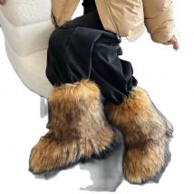 Women's Winter Snow Boots Outdoor Luxury Furry Faux Fox Fur Boots Woman Plush Warm Platform Shoes New Fashion Bottes Big Size 46