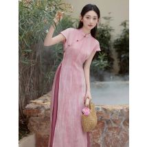 Spring summer vietnam aodai chinese styles dress with pants women vintage long dress qipao pink elegant cheongsam dress