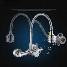 Stainless Steel Wall Mounted Kitchen Faucet Wall Kitchen Mixers Kitchen Sink Tap 360 Degree Swivel Flexible Hose Double Holes