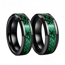 6mm 8mm Men Women Wedding Band Rings Tungsten Black Ring with Green Opal and Black Dragon Inlay Comfort Fit