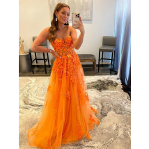 Orange Lace Appliques Prom Dresses Illusion Sweetheart Strapless Tulle A Line Sweep Train Evening Gowns Graduation Party
