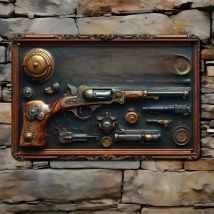 Vintage - Style Pistol and Steampunk Metal Wall Masterpiece: Holed Artwork to Enrich Your Home, Garage & Other Areas