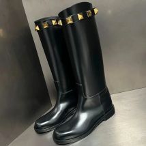 Genuine Leather Sexy Rivet Boots 2024 New Fashion Women's Casual Knee-High Boot Round Toe British Style Belt Buckle Knight Boots