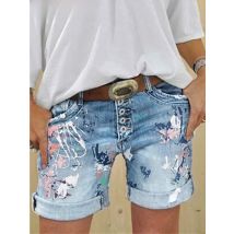 2025 Female Casual Bottoms Harajuku Vintage Streetwear Summer New Buttons Women Denim Shorts Washed Flower Print Jeans