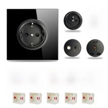 Wallpad Black EU French Wall Socket Electrical Outlet Tempered Glass Frame 1-5 Posts Round Shape, 86x86mm Square Box Required
