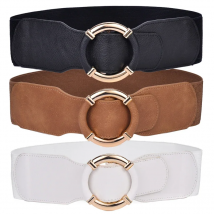 Women’s Elastic Stretch Wide Waist Belts w Wrapped Gold Circle Buckle