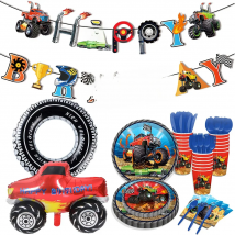 Happy Birthday Monster Truck Banner Car Wheel Helium Foil Balloons Truck Party Plate Cups Birthday Wheel Racing Party Supplies
