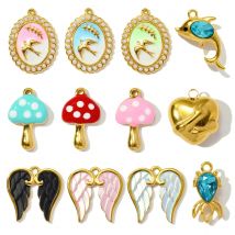 3pcs/Lot Stainless Steel Enamel Swallow Pearl Heart Wings Pendant Mushroom Dolphin Goldfish DIY Charms Women Jewelry