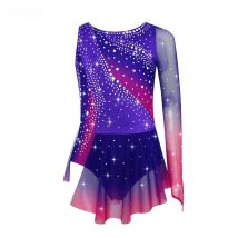 Kids Girls Figure Skating Rhythmic Gymnastics Leotard Dress Asymmetrical Split Shiny Rhinestones Contrast Color Dress Ballerina