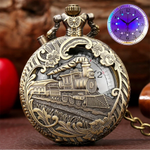 New Luminous LED Light Arabic Numerals Display Bronze Train Locomotive Engine Quartz Pocket Watch Retro Punk Pocket Chain  Clock