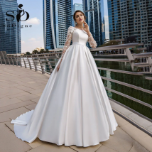 SoDigne Dubai Modest Wedding Dresses Lace Long Sleeve Satin Bride Dress With Belt Women Elegant Wedding Party Gowns Customized