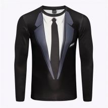 Men Fake Two-piece T-Shirts 3D Bow Tie Print Casual T Shirts Autumn Long Sleeve O-Neck Loose Cotton Tops Male Fake Suit Tshirt
