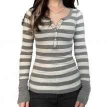 Women's Y2K Stripes Print Tops Long Sleeve V Neck Slim Fit Henley Shirts Fairy Grunge Blouses